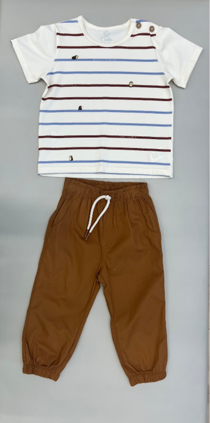 SET CAMISA STRIPES MAROON & JOGGER KHAKI