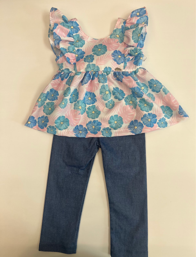 SET CAMISA FLORES AZULES & ROSA LEGGING MAHON