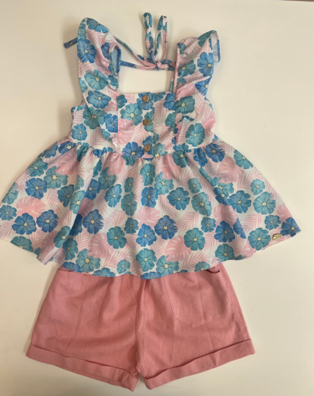 SET CAMISA VOLANTES FLORES AZULES & ROSA PANT ROSA