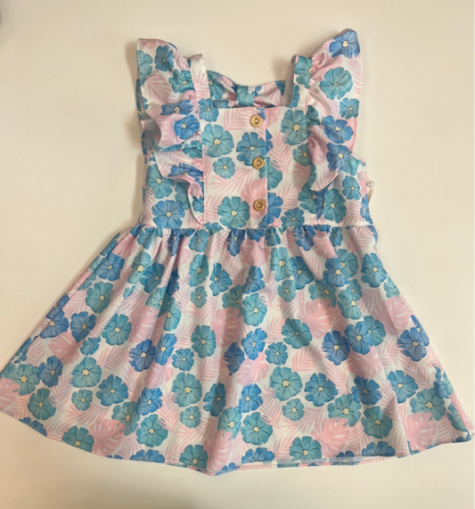 TRAJE VOLANTES FLORES AZULES & ROSA